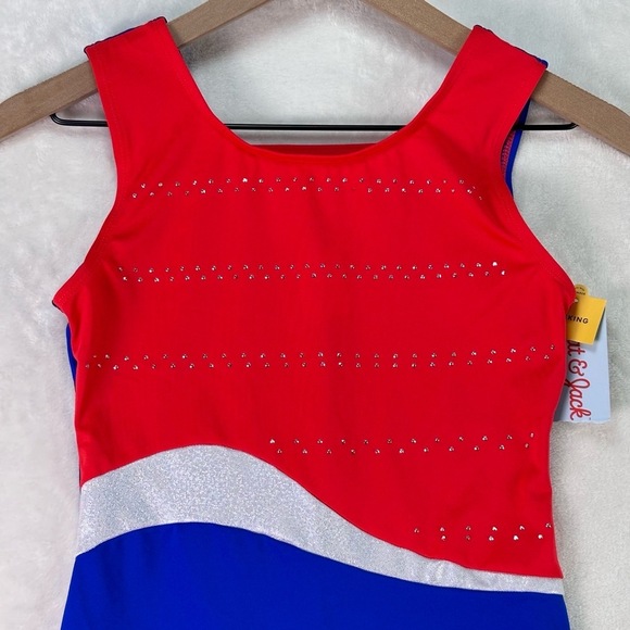NWT Girls Red Blue Rhinestone Silver Wave Colorblock Tank Biketard Leotard XL 14 - Picture 2 of 10